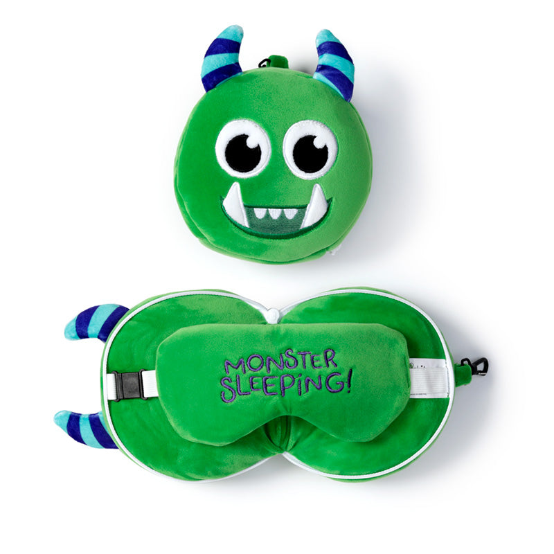 Gary The Green Monster Travel Pillow Set Front View Open And Closed