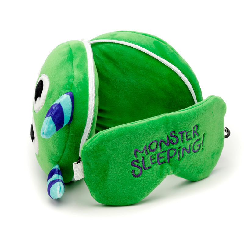 Gary The Green Monster Travel Pillow Set Open Resting On Table