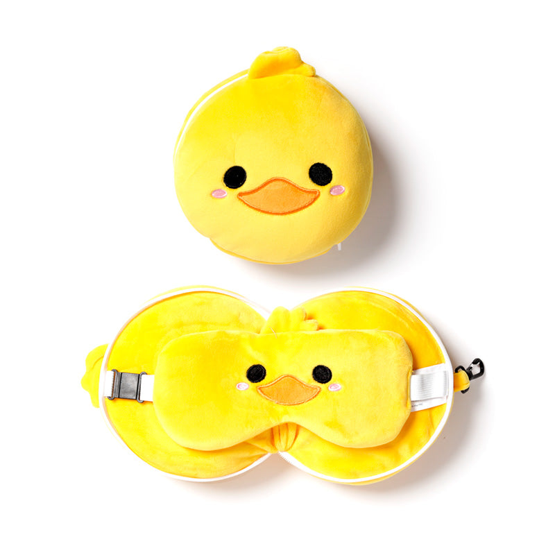 Clara The Duck Travel Pillow Set Front View Open And Closed