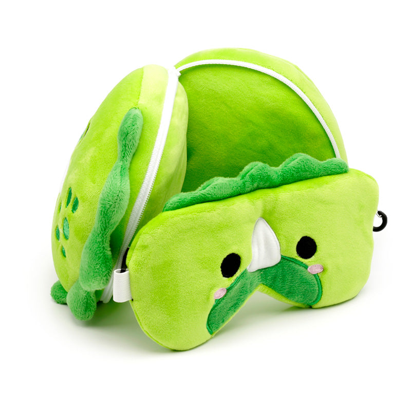 Huck The Dinosaur Travel Pillow Set Open Resting On Table