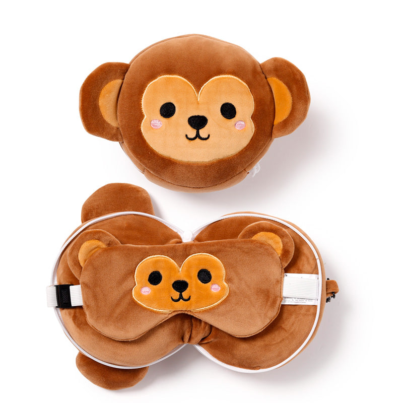 Jeremy The Monkey Travel Pillow Set Front View Open And Closed