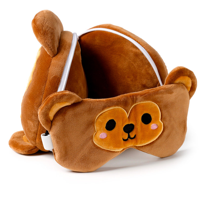 Jeremy The Monkey Travel Pillow Set Open Resting On Table