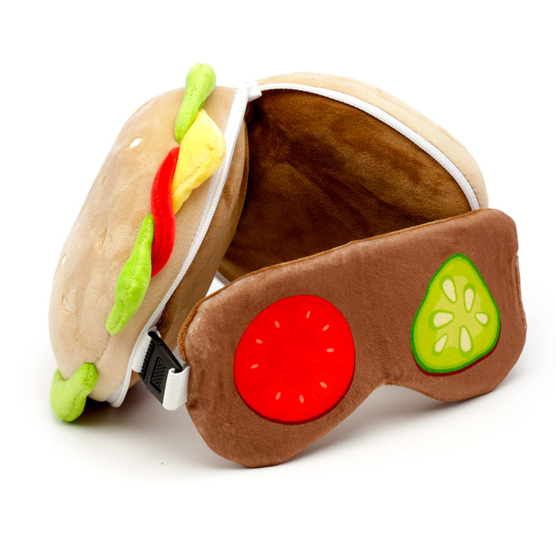 Fast Food Burger Travel Pillow Set Open Resting On Table