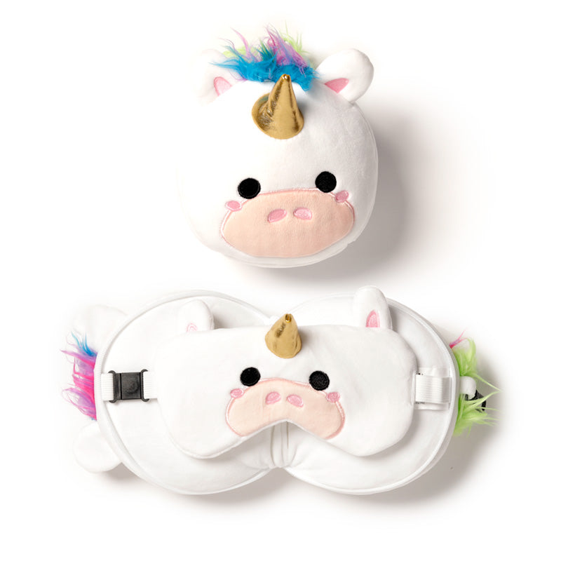 Astrid The Unicorn Travel Pillow Set Front View Open And Closed