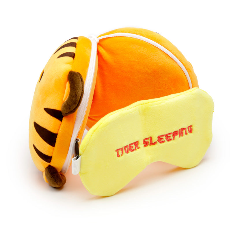 Alfie The Tiger Travel Pillow Set Open Resting On Table