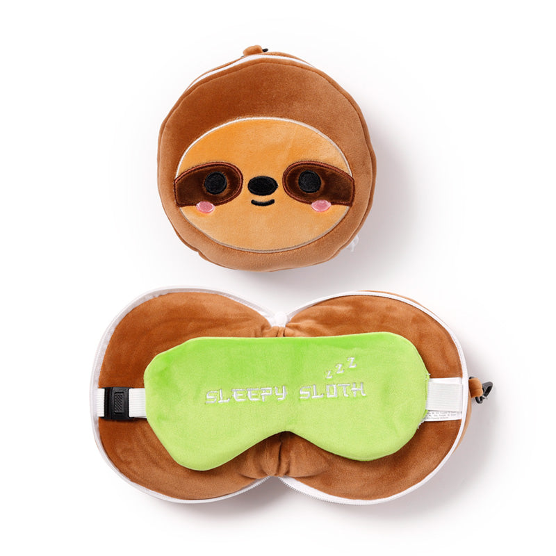 Cody The Sloth Travel Pillow Set Front View Open And Closed