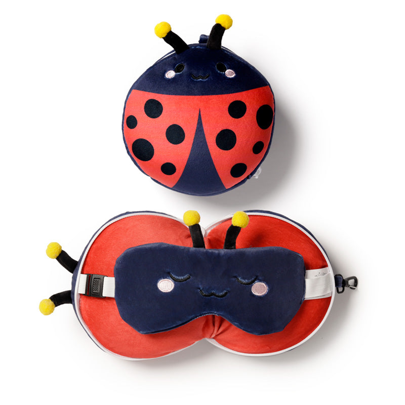 Tilly The Ladybird Travel Pillow Set Front View Open And Closed