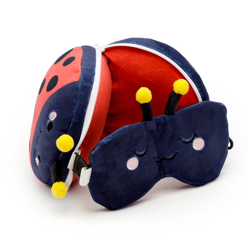 Tilly The Ladybird Travel Pillow Set Open Resting On Table