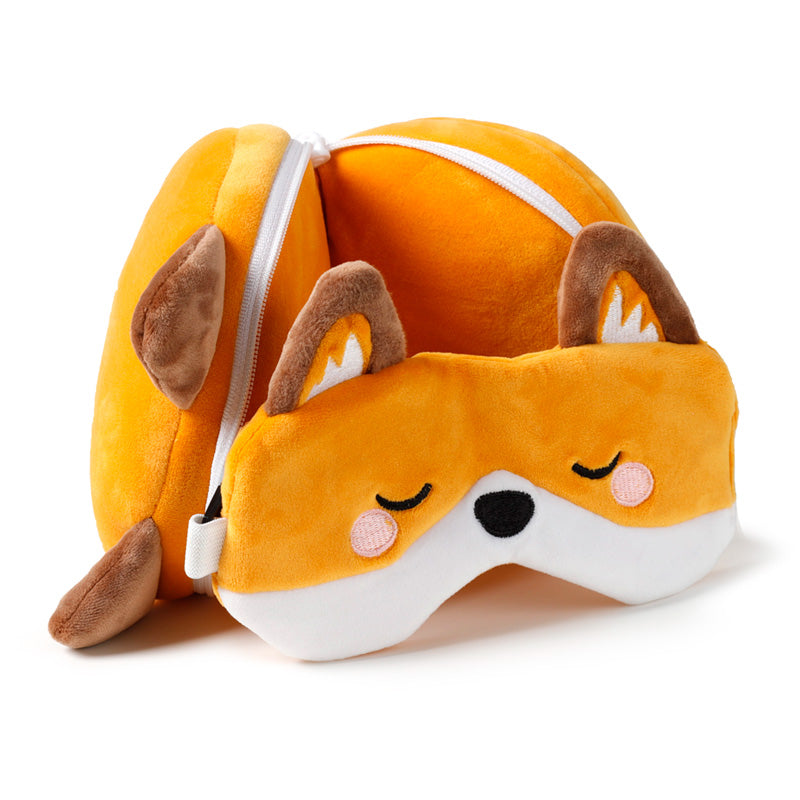 Finnick The Fox Travel Pillow Set Open Resting On Table