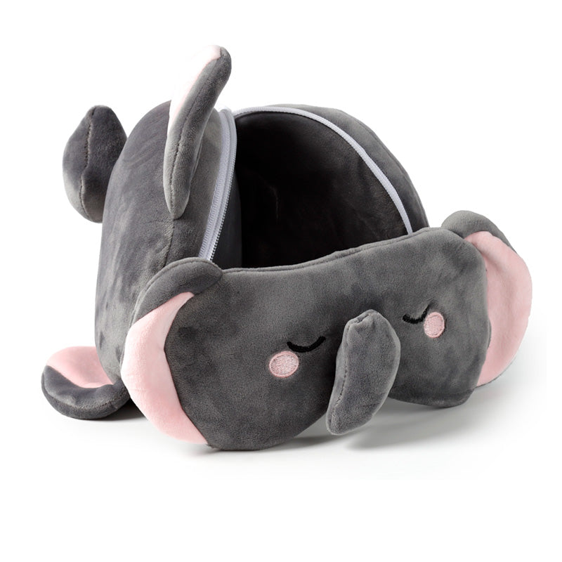Janu The Elephant Travel Pillow Set Open Resting On Table