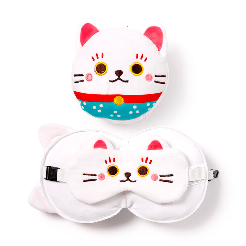 Maneki Neko Lucky Cat Travel Pillow Set Front View Open And Closed