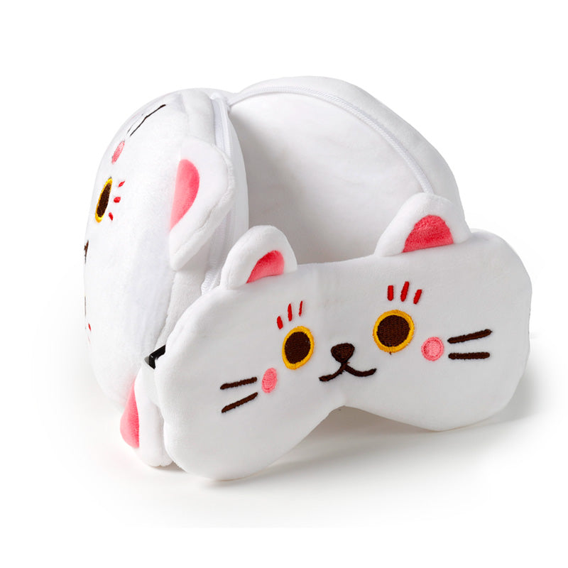 Maneki Neko Lucky Cat Travel Pillow Set Open Resting On Table