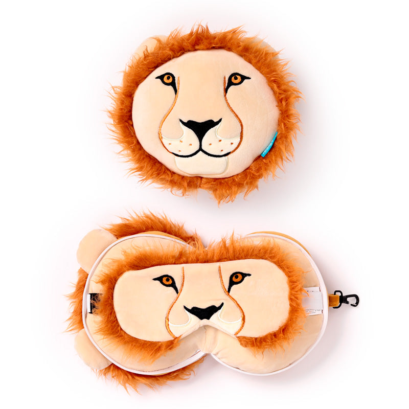 Lion Travel Pillow Set Front View Open And Closed