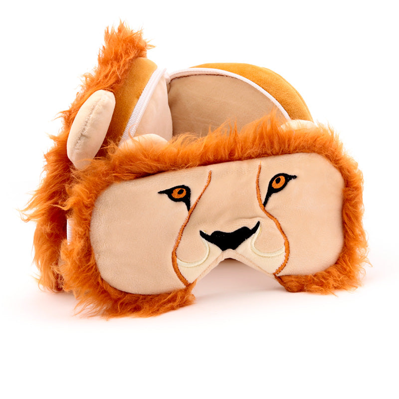 Lion Travel Pillow Set Open Resting On Table