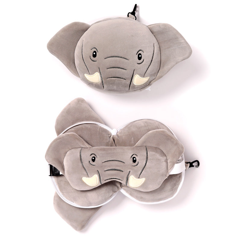 Elephant Travel Pillow Set Front View Open And Closed