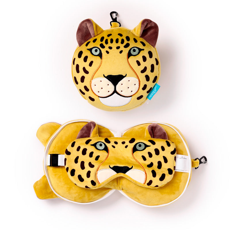 Leopard Travel Pillow Set Front View Open And Closed