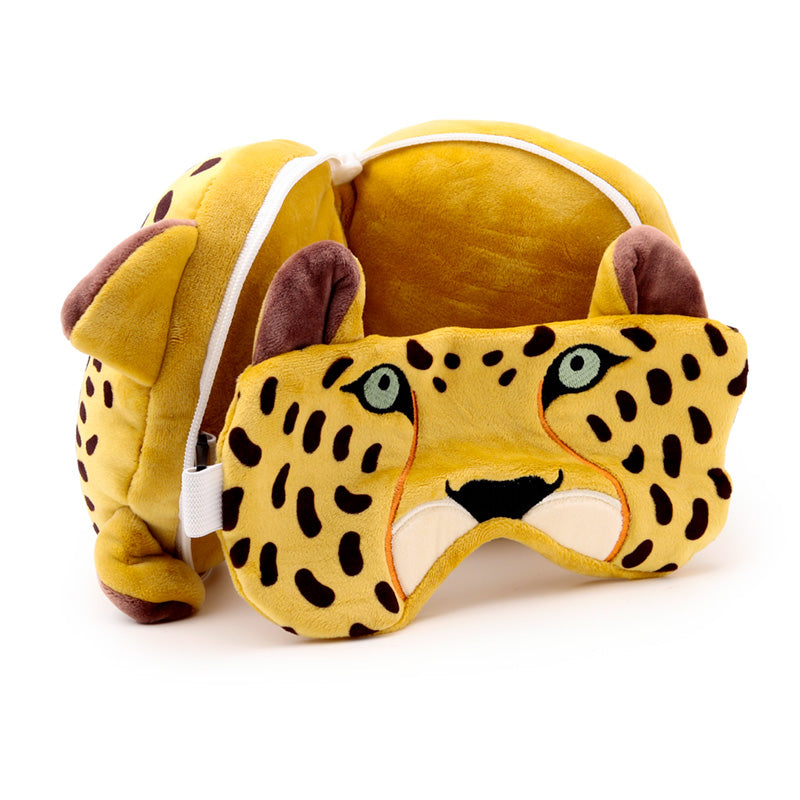Leopard Travel Pillow Set Open Resting On Table