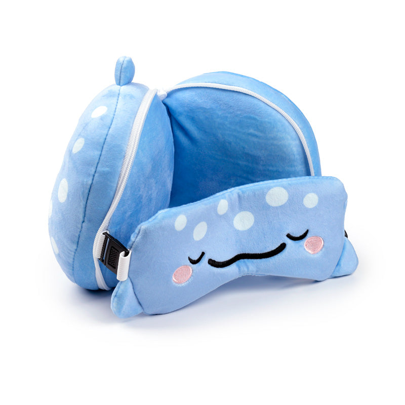 Aoi The Whale Shark Travel Pillow Set Open Resting On Table