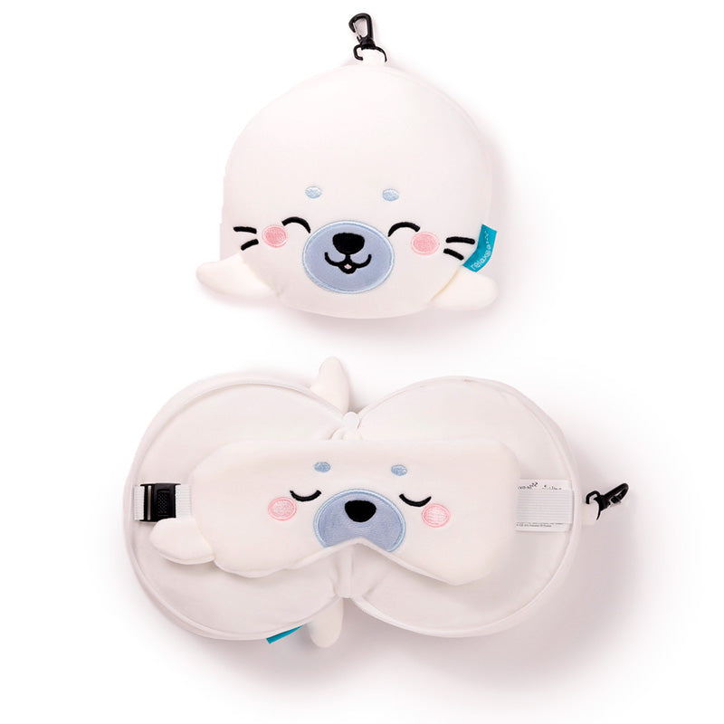 Kai The Seal Travel Pillow Set Front View Open And Closed