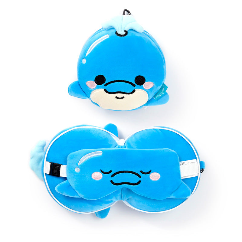 Blu The Dolphin Travel Pillow Set Front View Open And Closed