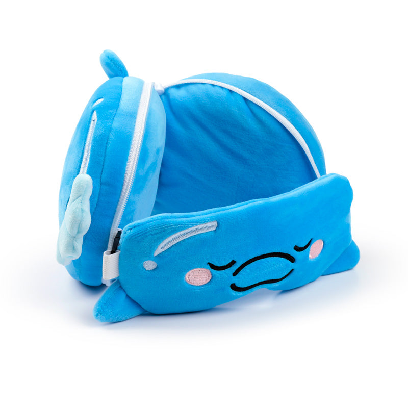 Blu The Dolphin Travel Pillow Set Open Resting On Table