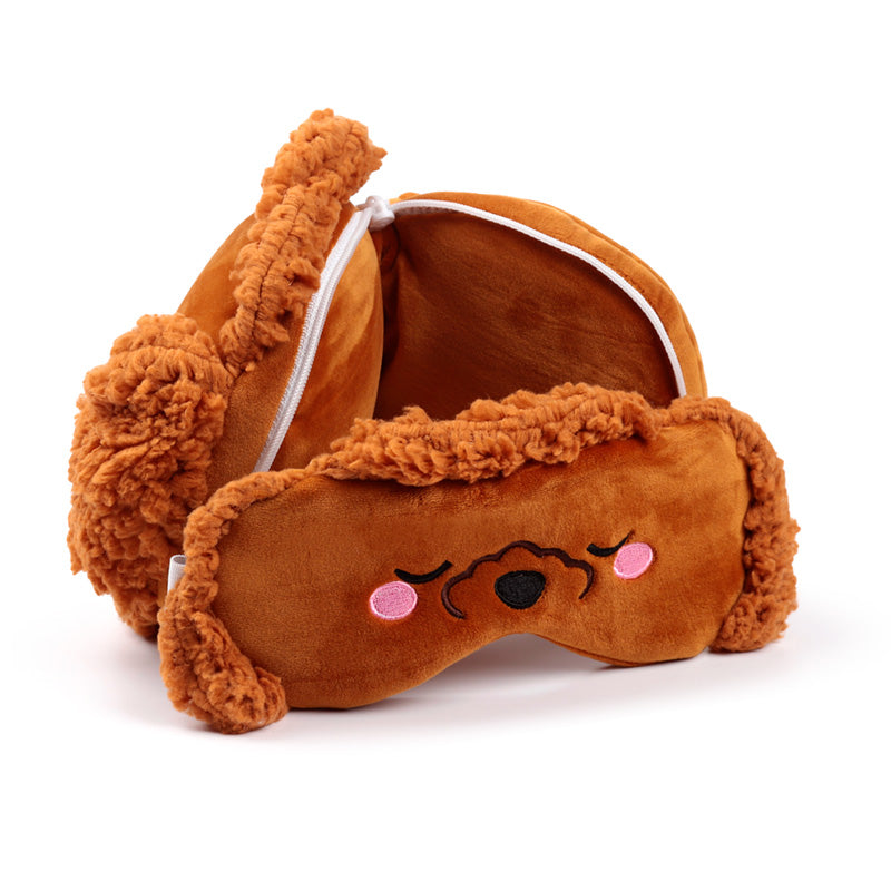 Gigi The Toy Poodle Travel Pillow Set Open Resting On Table