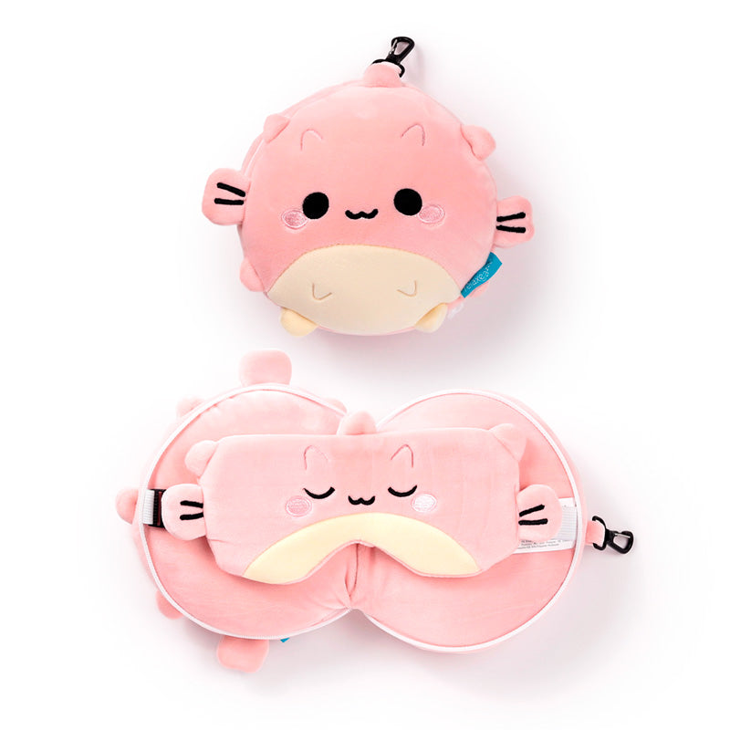 Puff The Puffer Fish Travel Pillow Set Front View Open And Closed