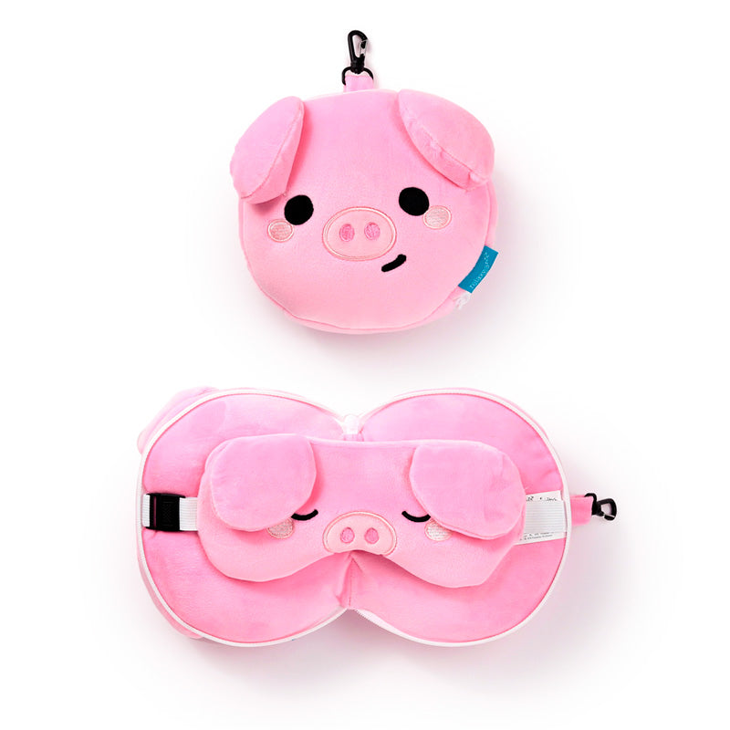 Oliver The Pig Travel Pillow Set Front View Open And Closed