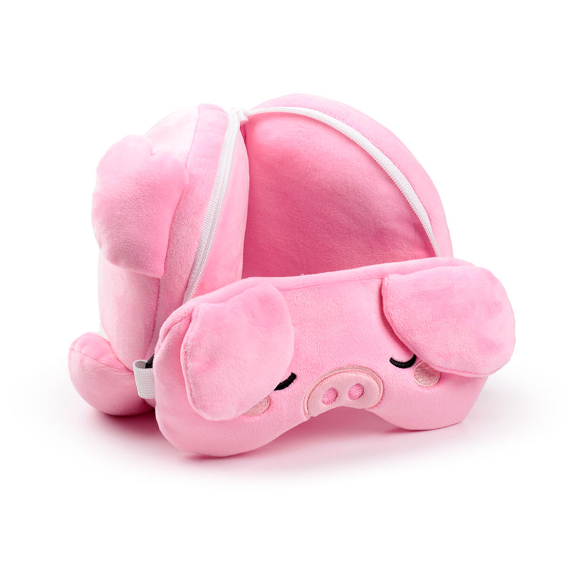 Oliver The Pig Travel Pillow Set Open Resting On Table