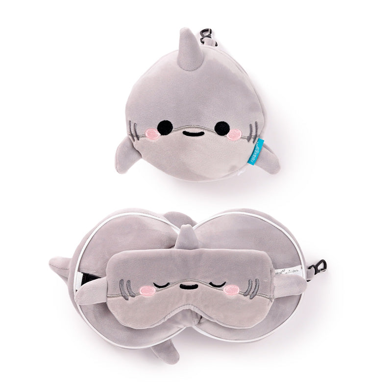 Archie The Shark Travel Pillow Set Front View Open And Closed
