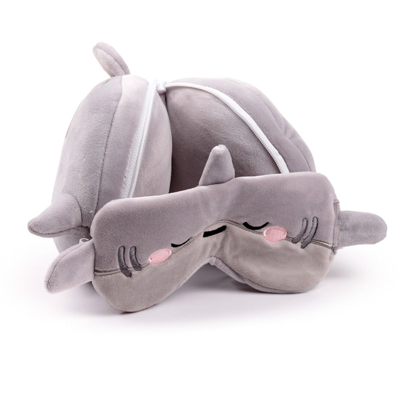 Archie The Shark Travel Pillow Set Open Resting On Table