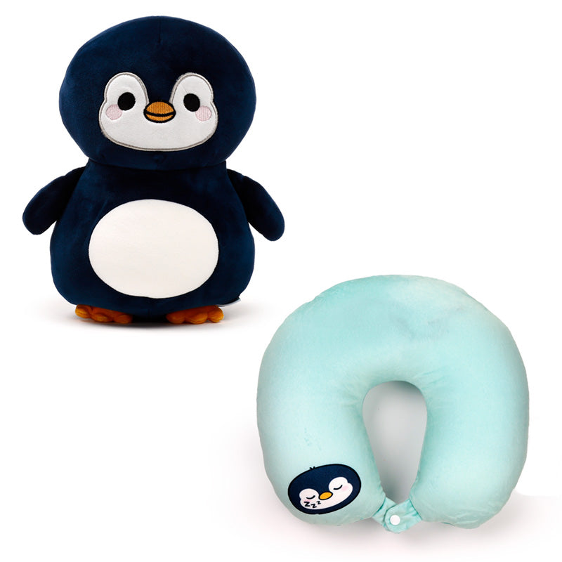 Nico The Penguin 2-In-1 Travel Pillow & Plush Toy Set View Of Both Toy And Neck Pillow