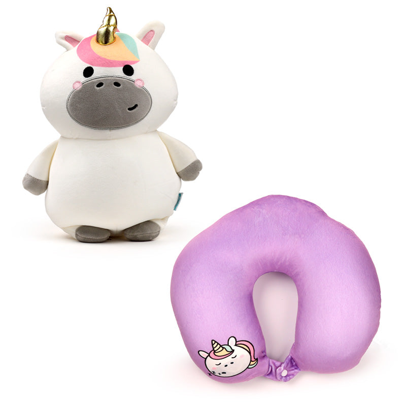 Astra The Unicorn 2-In-1 Travel Pillow & Plush Toy Set View Of Both Toy And Neck Pillow