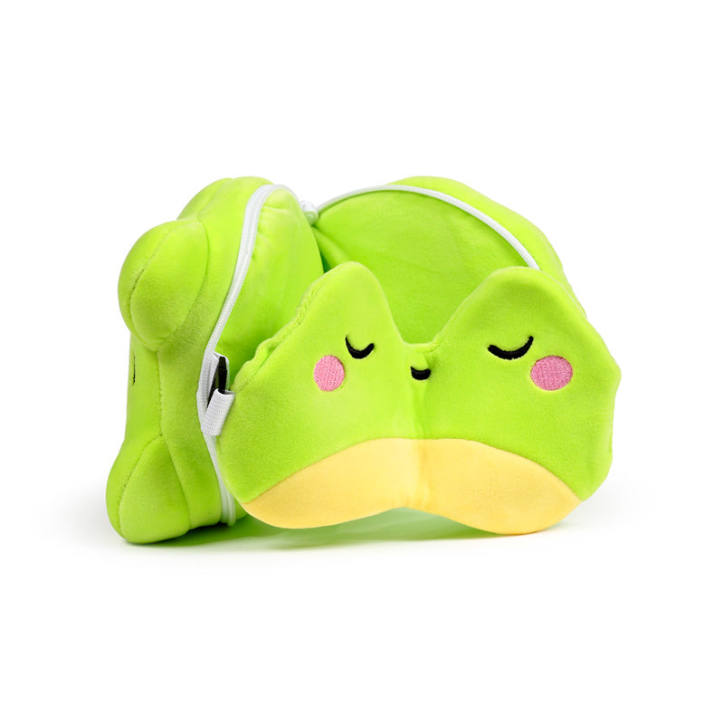 Silas The Frog Travel Pillow Set Open Resting On Table