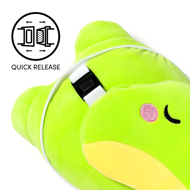 Silas The Frog Travel Pillow Set Showing Quick Release Clip