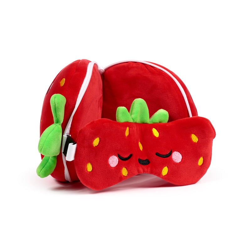 Elidi The Strawberry Travel Pillow Set Open Resting On Table