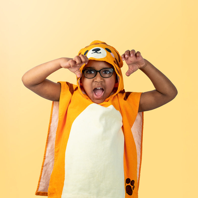 Alfie The Tiger Kids Hooded Poncho Towel Model Wearing Hooded Towel
