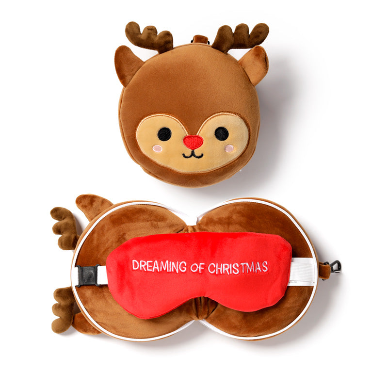 Rudolf The Christmas Reindeer Travel Pillow Set Front View Open And Closed