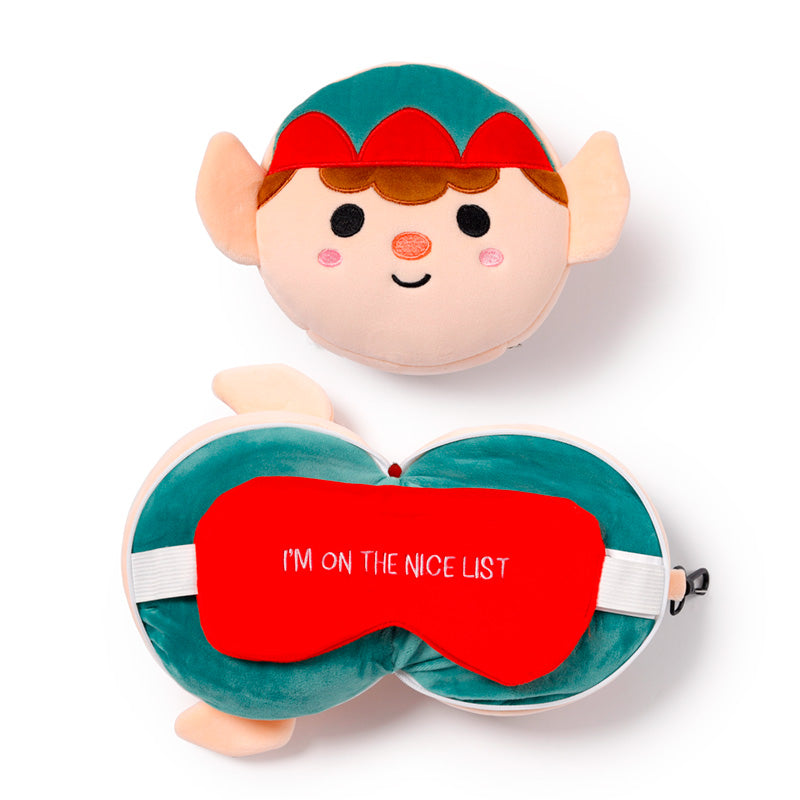 Austin The Christmas Elf Travel Pillow Set Front View Open And Closed