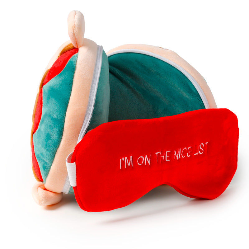 Austin The Christmas Elf Travel Pillow Set Open Resting On Table